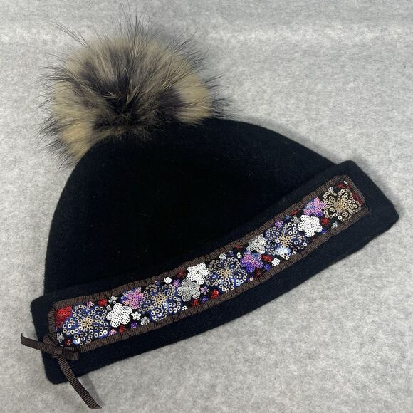 Uno Alla Volta Mia Black Italian Wool Cap Womens Embellished Handmade Artisan